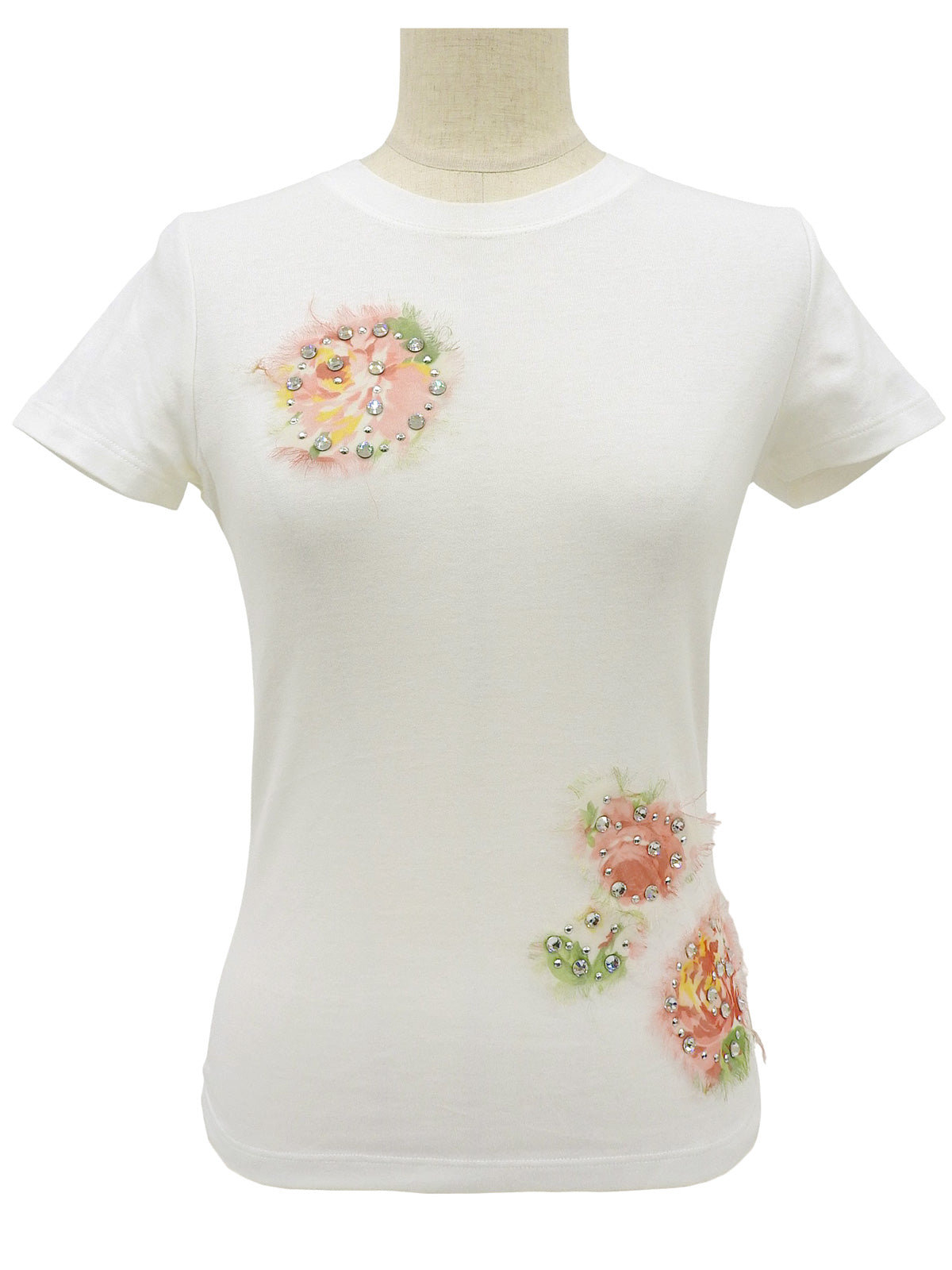White Rhinestone Flower Design T-shirt