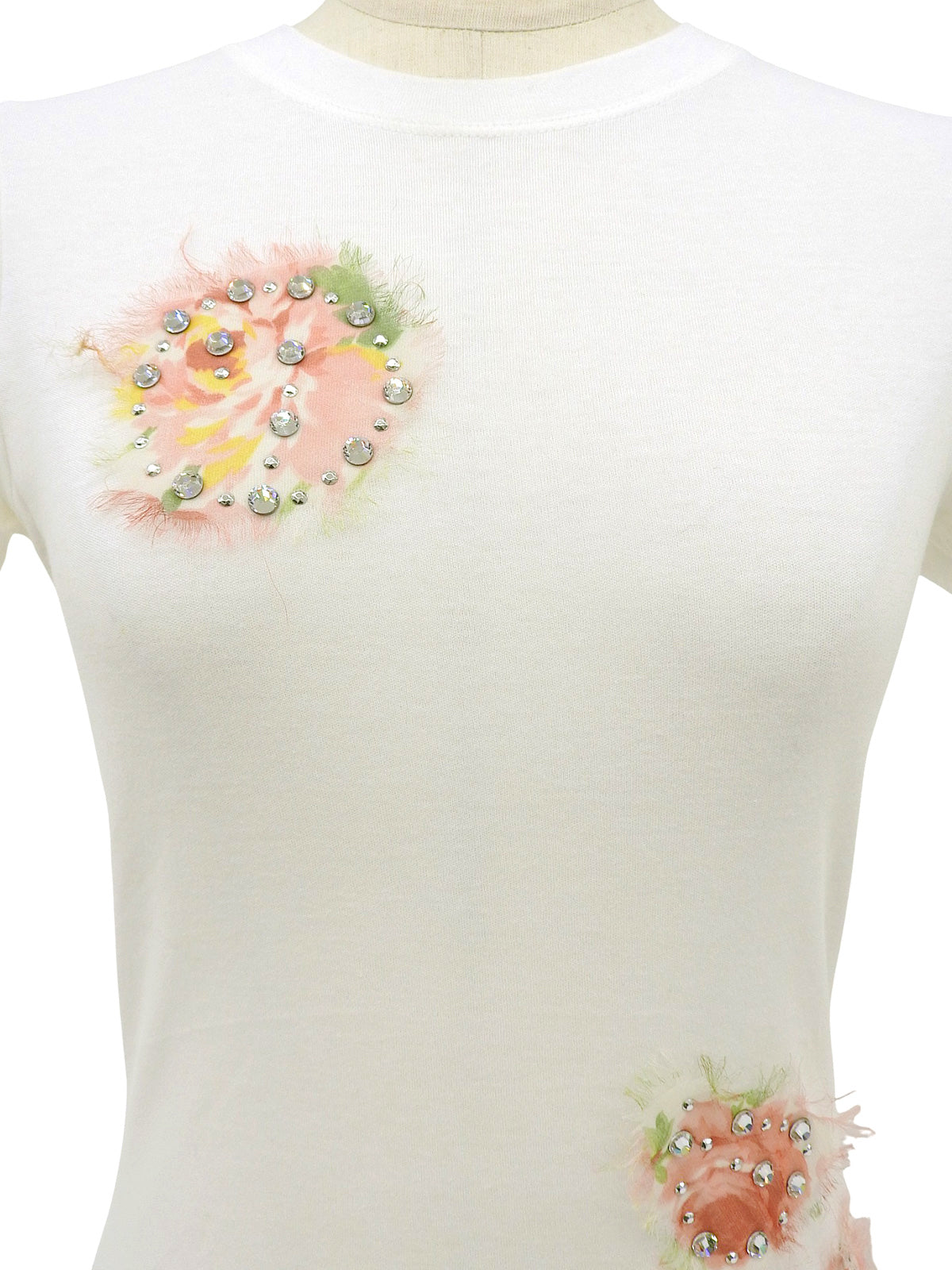 White Rhinestone Flower Design T-shirt