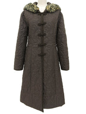 キルティングレオパードファーフーデッドコート ブラウン