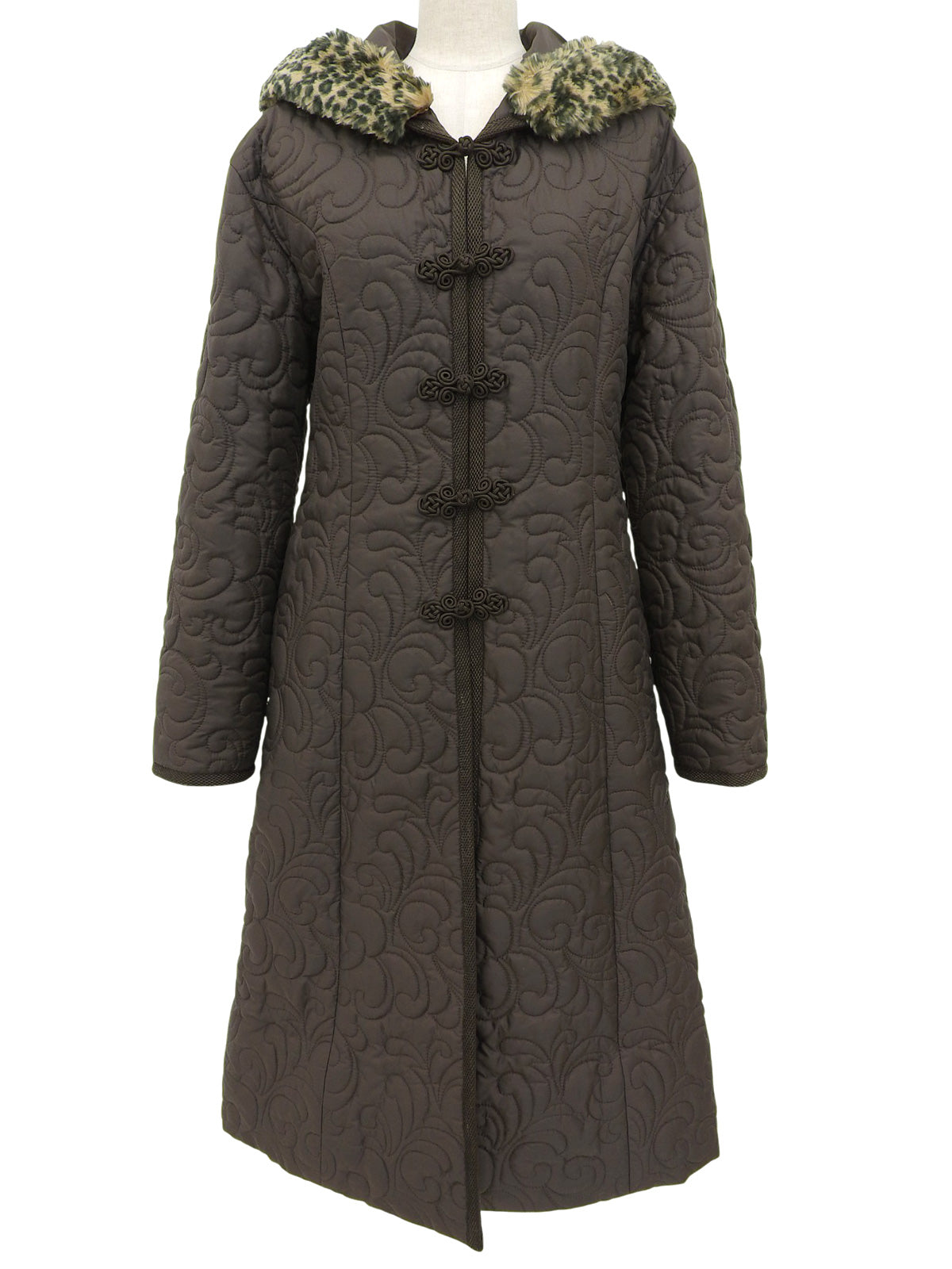 キルティングレオパードファーフーデッドコート ブラウン