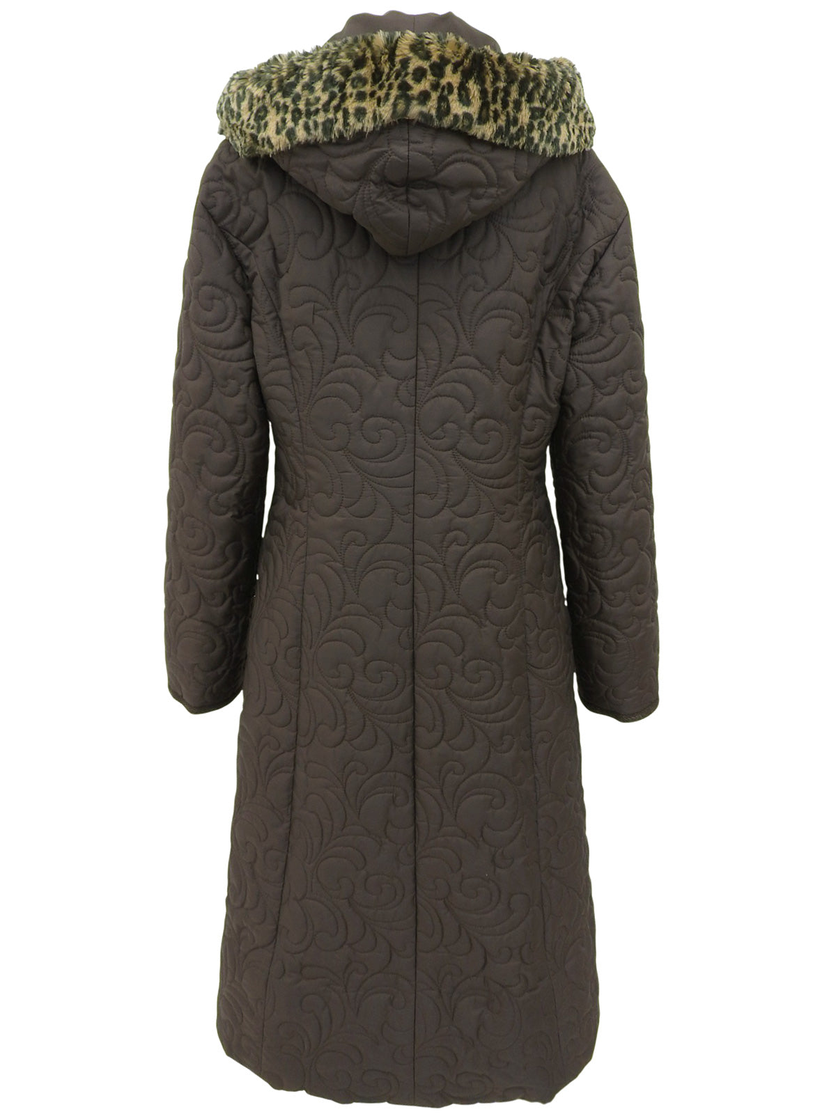 キルティングレオパードファーフーデッドコート ブラウン