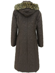 キルティングレオパードファーフーデッドコート ブラウン