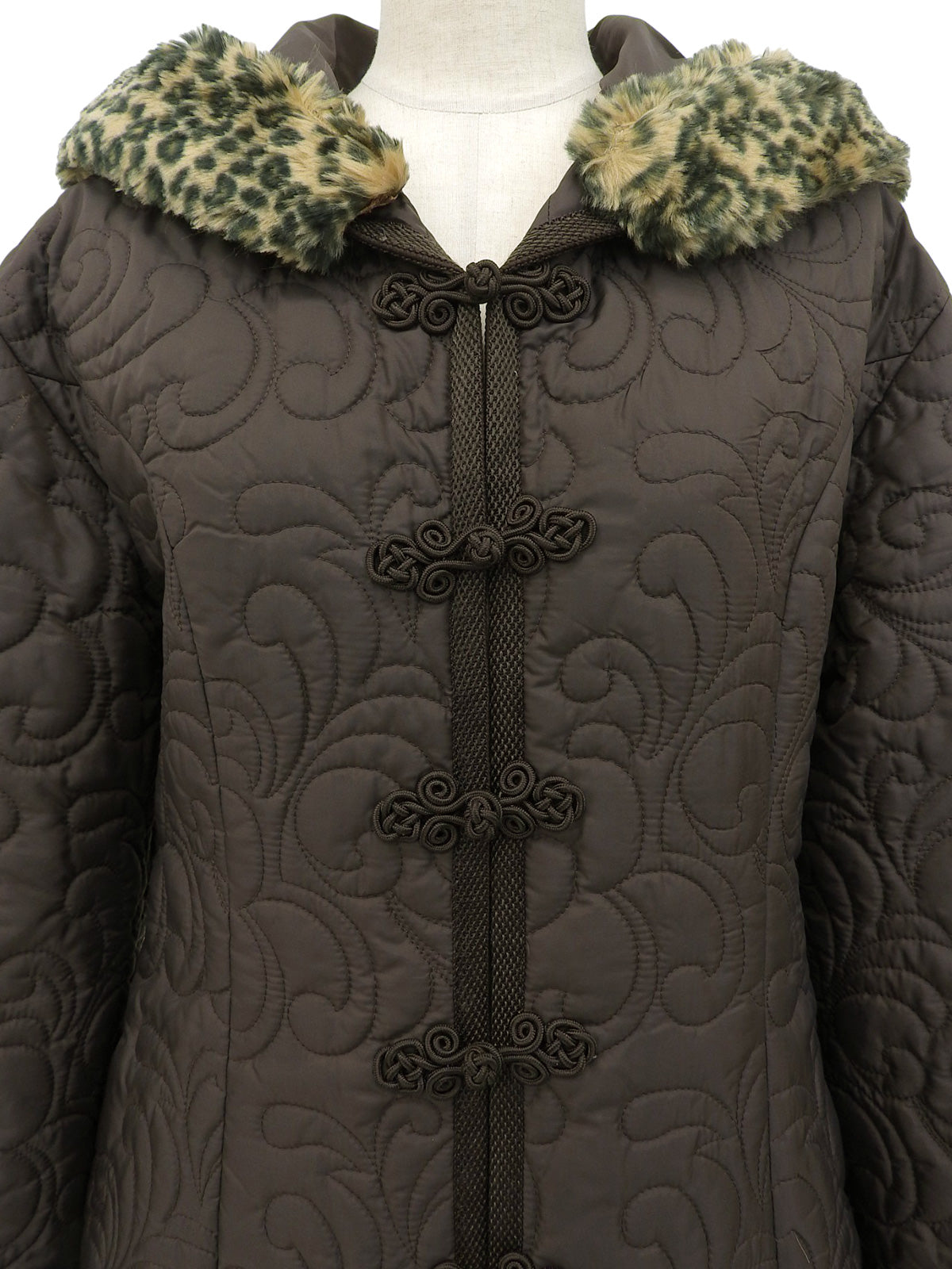 キルティングレオパードファーフーデッドコート ブラウン