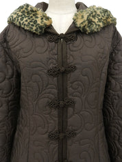 キルティングレオパードファーフーデッドコート ブラウン