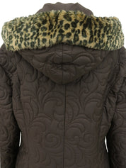 キルティングレオパードファーフーデッドコート ブラウン