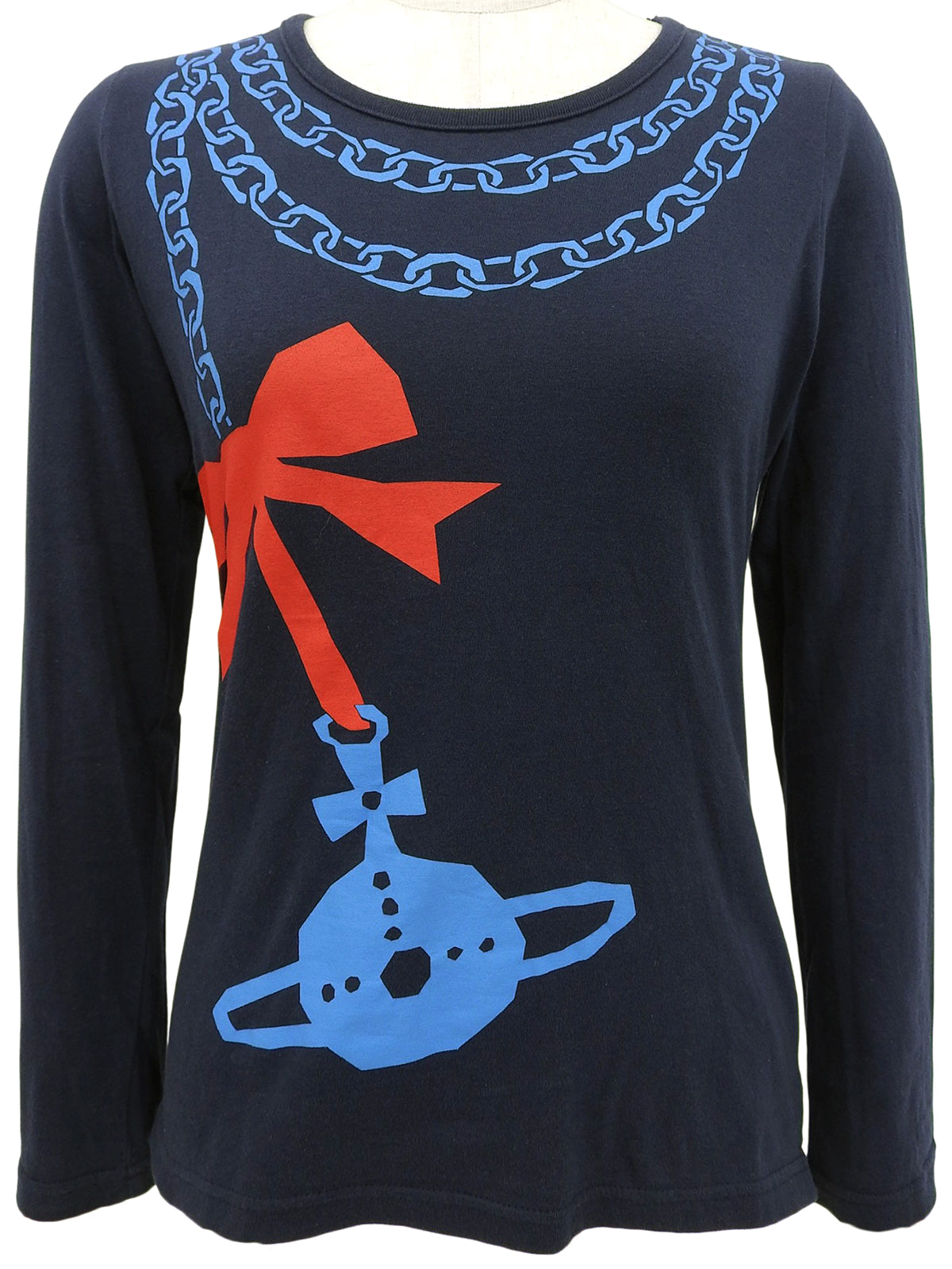 チェーンリボンデザイン長袖トップス ネイビー/レッド