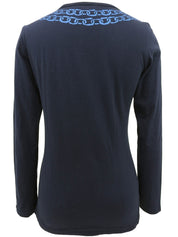 チェーンリボンデザイン長袖トップス ネイビー/レッド