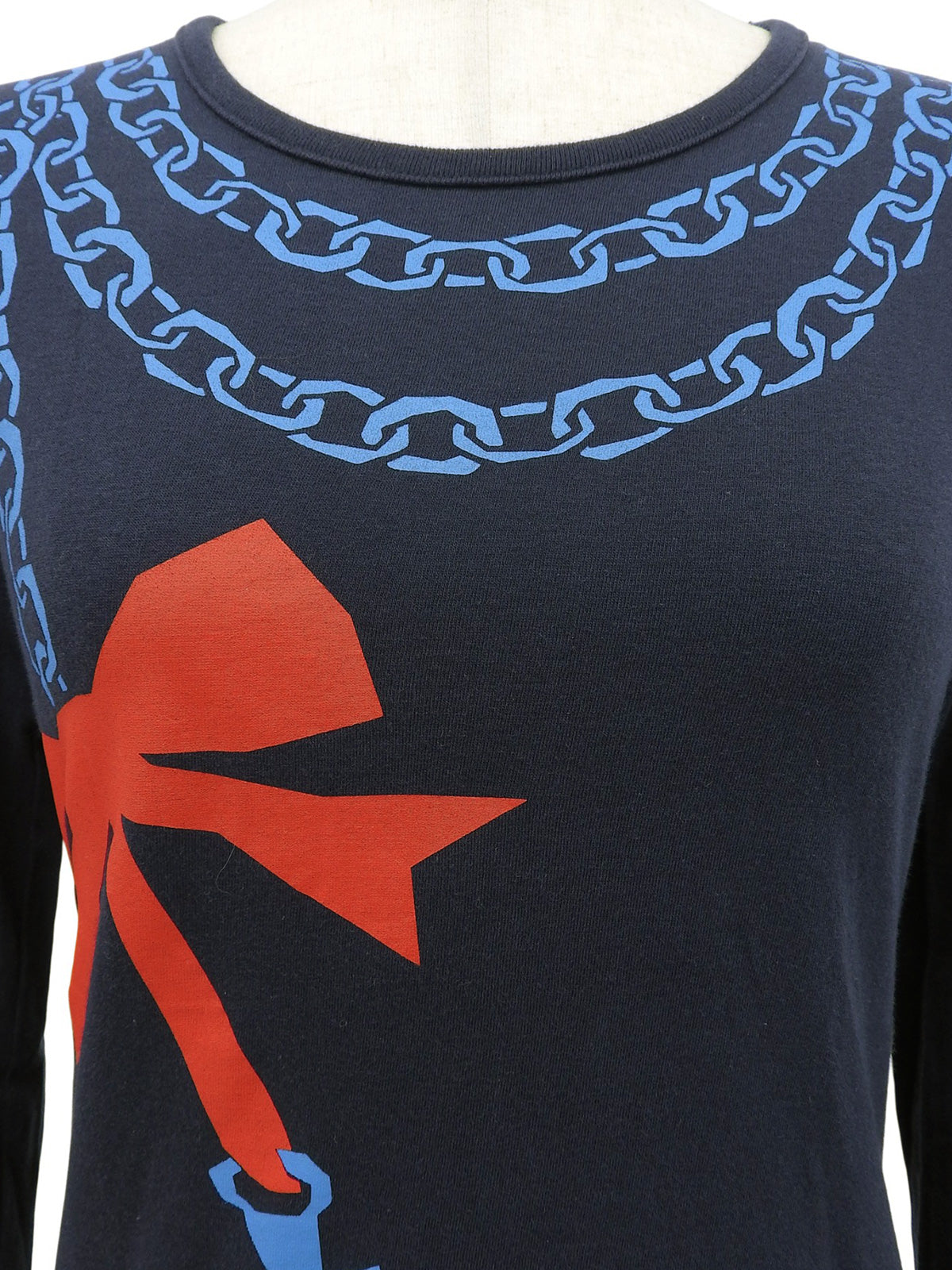 チェーンリボンデザイン長袖トップス ネイビー/レッド