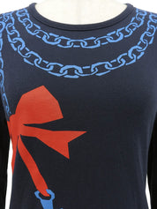 チェーンリボンデザイン長袖トップス ネイビー/レッド