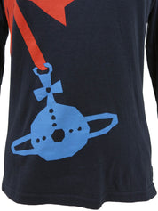 チェーンリボンデザイン長袖トップス ネイビー/レッド