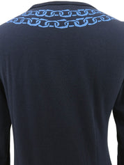 チェーンリボンデザイン長袖トップス ネイビー/レッド