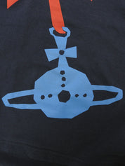 チェーンリボンデザイン長袖トップス ネイビー/レッド