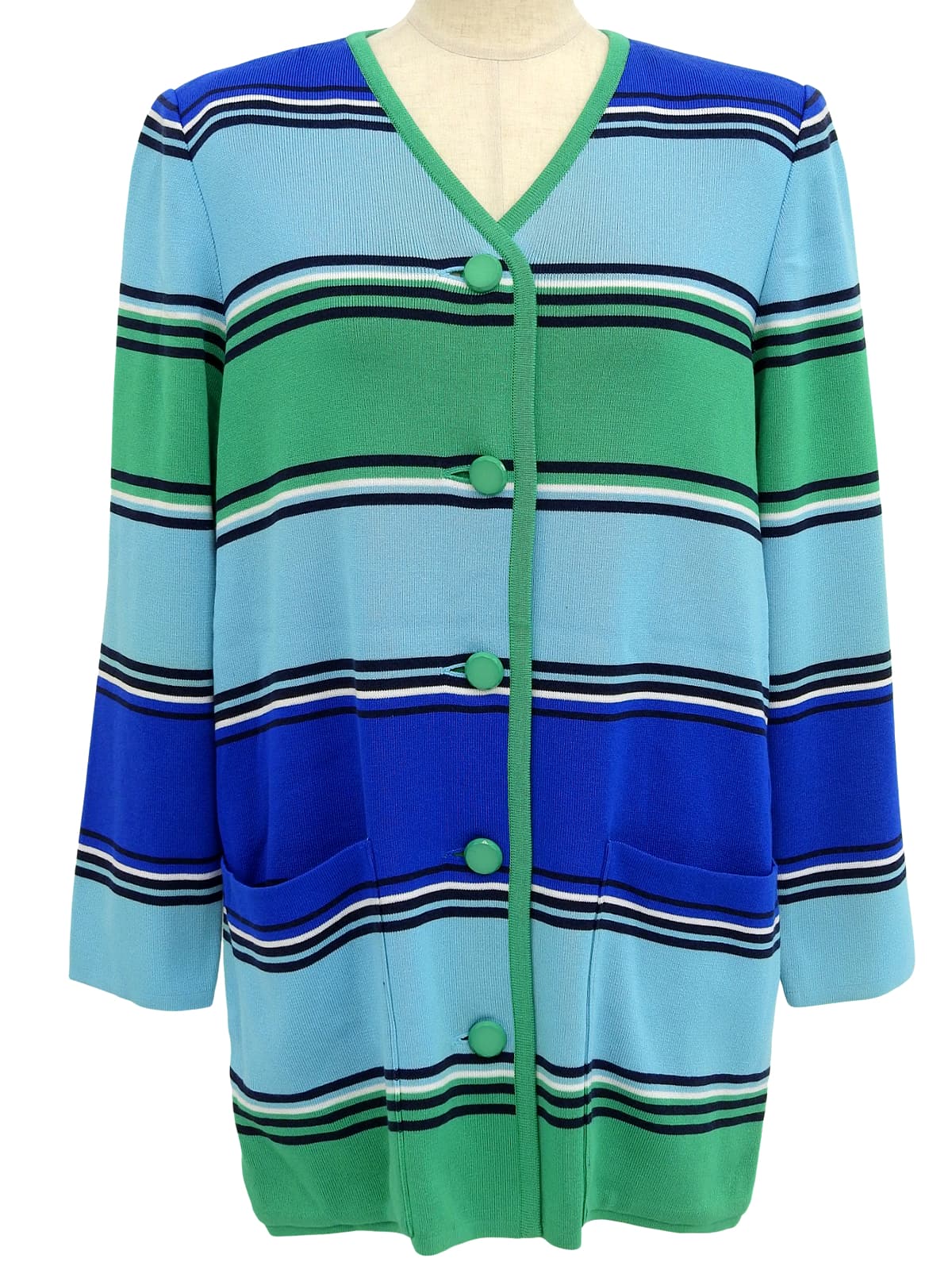 Striped pattern long cardigan in blue/light blue/green