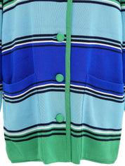 Striped pattern long cardigan in blue/light blue/green