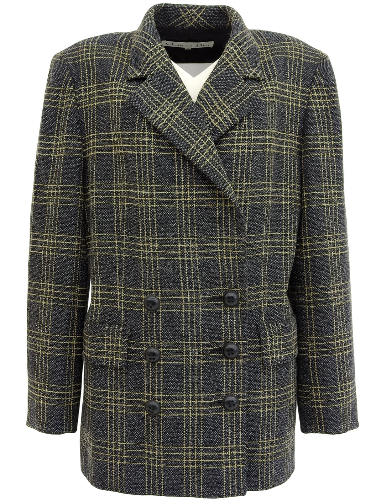 Check pattern double-breasted jacket in charcoal gray/yellow