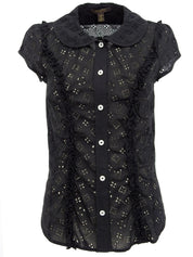 Lace Monogram Pattern Half Sleeve Blouse in Black