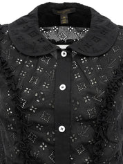 Lace Monogram Pattern Half Sleeve Blouse in Black