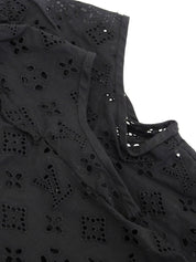 Lace Monogram Pattern Half Sleeve Blouse in Black