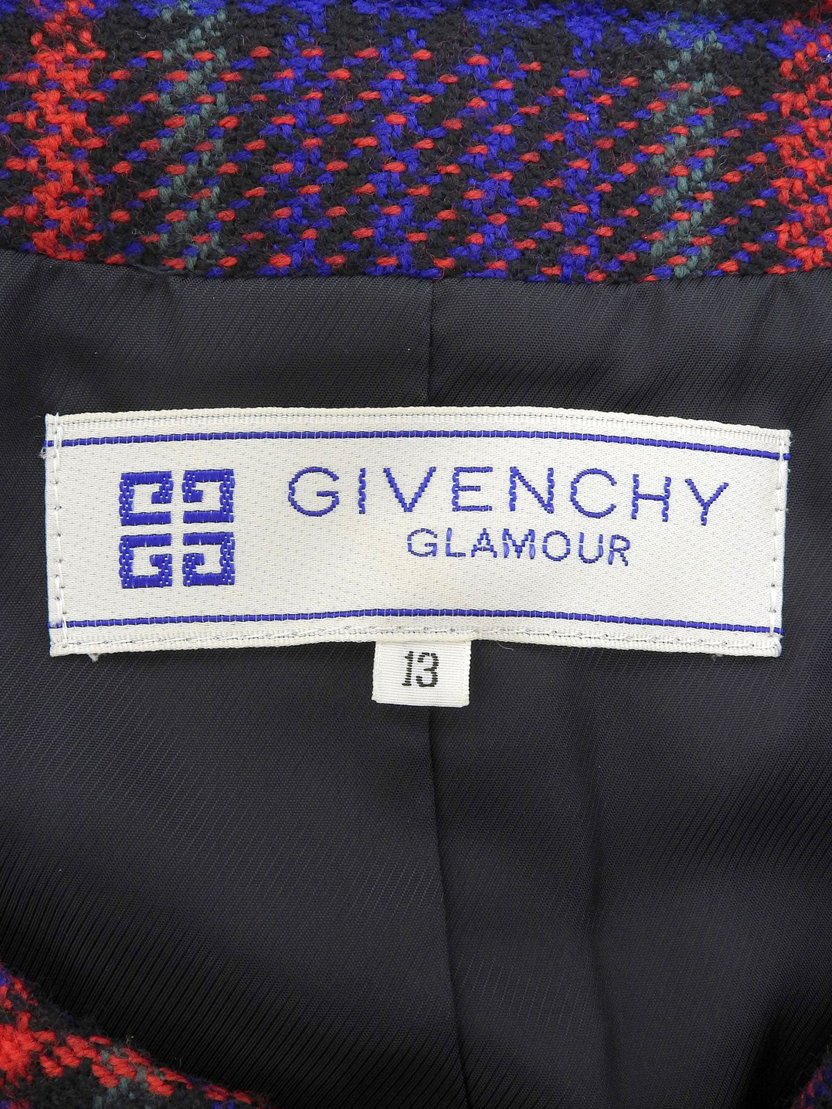 ウールチェックパターンノーカラージャケット レッド/ブルー/マルチ