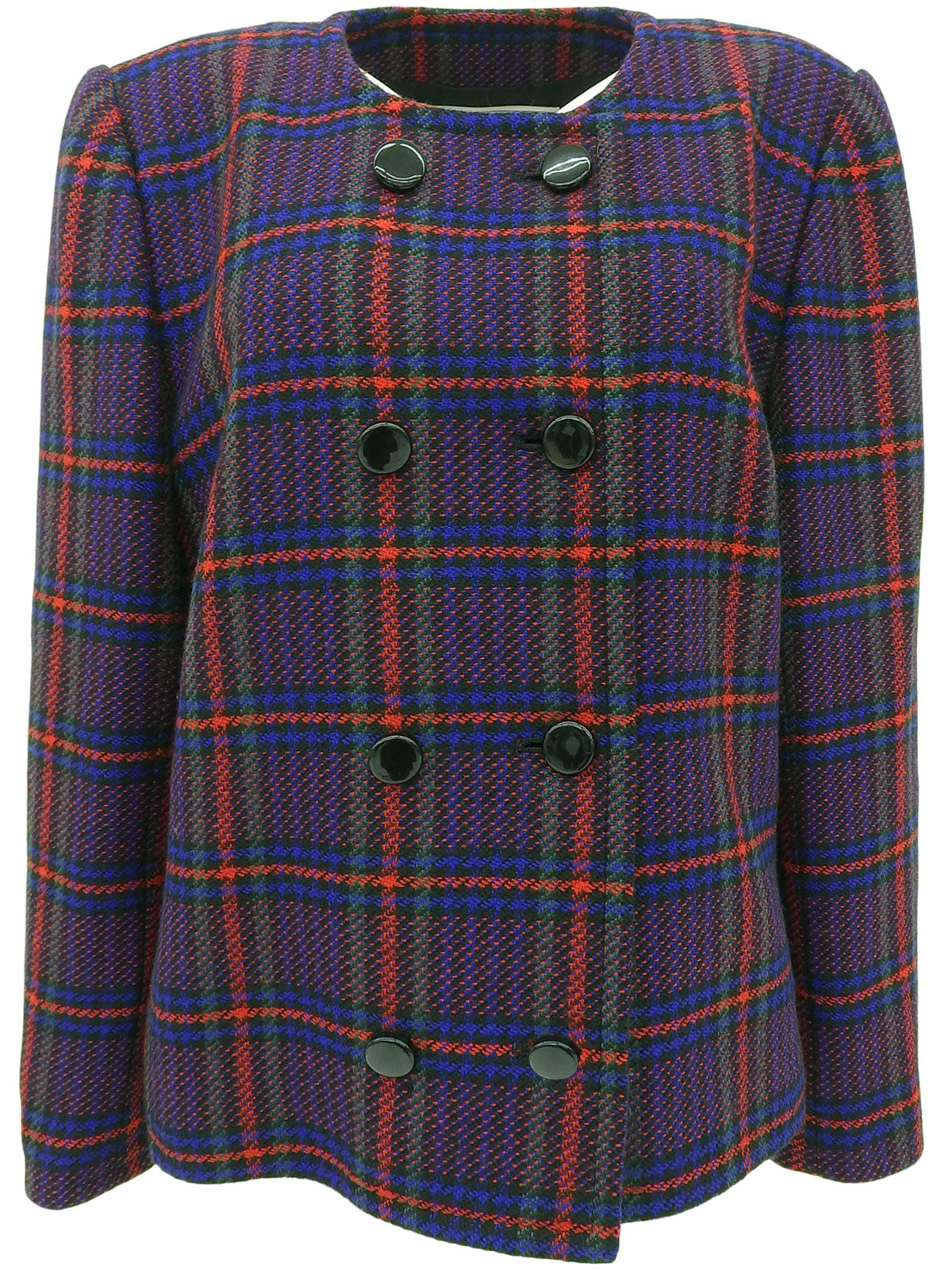 ウールチェックパターンノーカラージャケット レッド/ブルー/マルチ