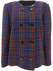 ウールチェックパターンノーカラージャケット レッド/ブルー/マルチ