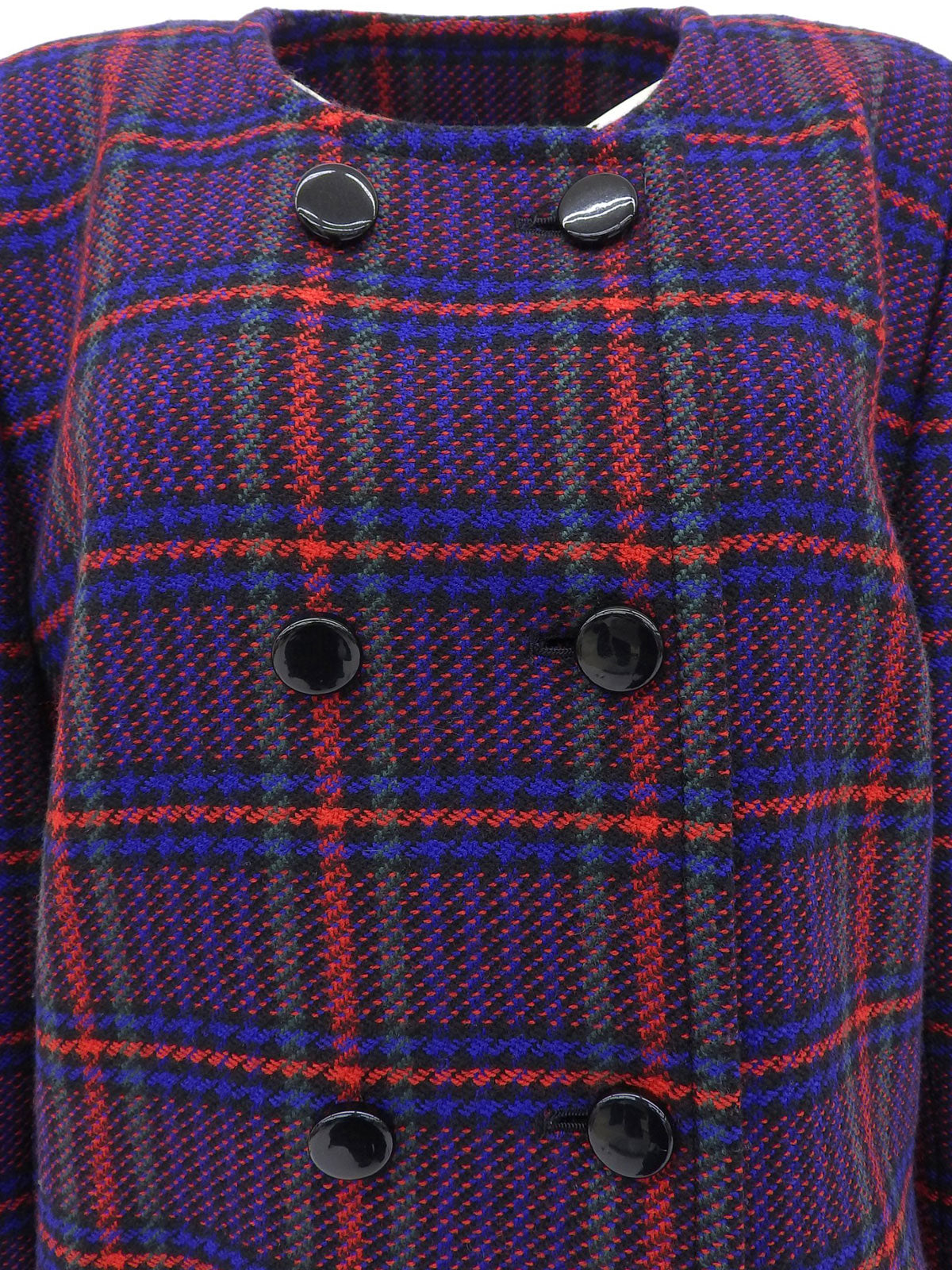 ウールチェックパターンノーカラージャケット レッド/ブルー/マルチ
