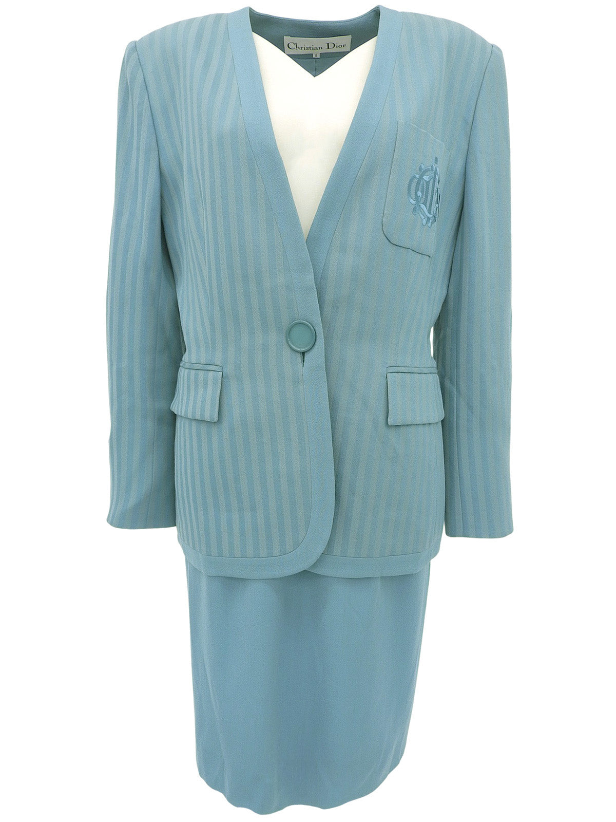 ストライプパターンロゴエンブレム刺繍セットアップ ターコイズブルー