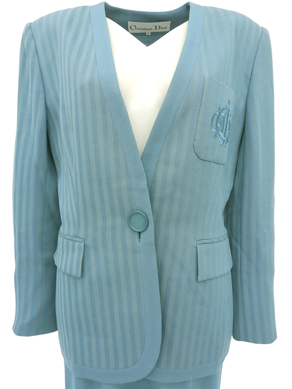 ストライプパターンロゴエンブレム刺繍セットアップ ターコイズブルー