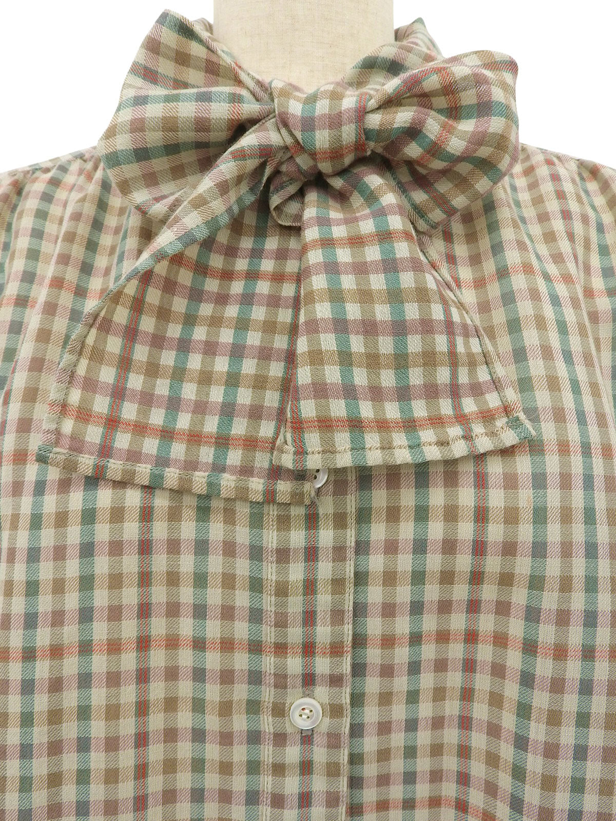 チェックパターンリボンタイシャツ ベージュ/グリーン/マルチ