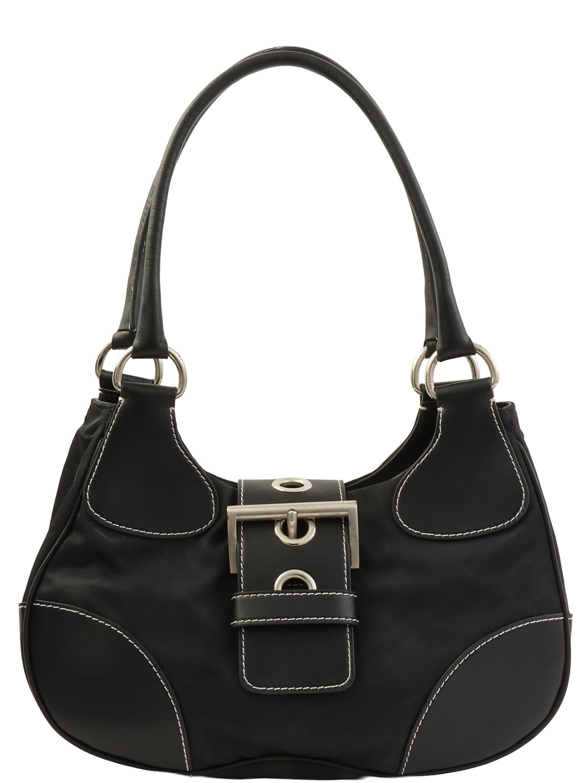 黑色尼龙和皮革拼接logo铭牌手提包