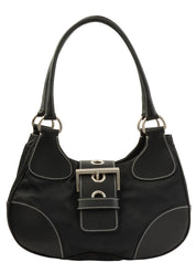 黑色尼龙和皮革拼接logo铭牌手提包