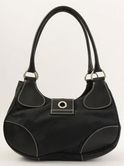 黑色尼龙和皮革拼接logo铭牌手提包