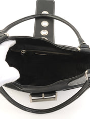 黑色尼龙和皮革拼接logo铭牌手提包