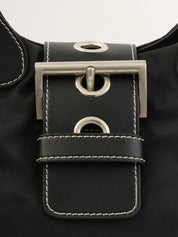 Nylon and leather combination logo plate handbag in black