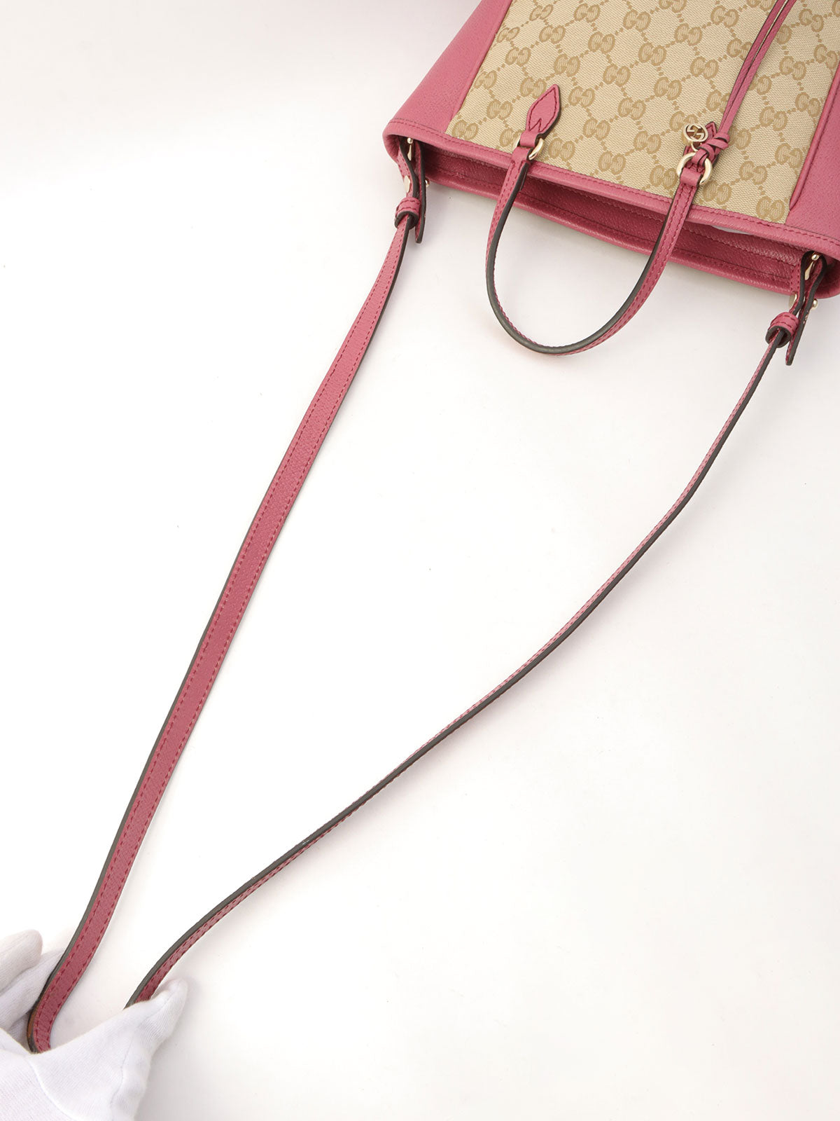 キャンバスGGパターンロゴチャームハンドバッグ ベージュ/ピンク