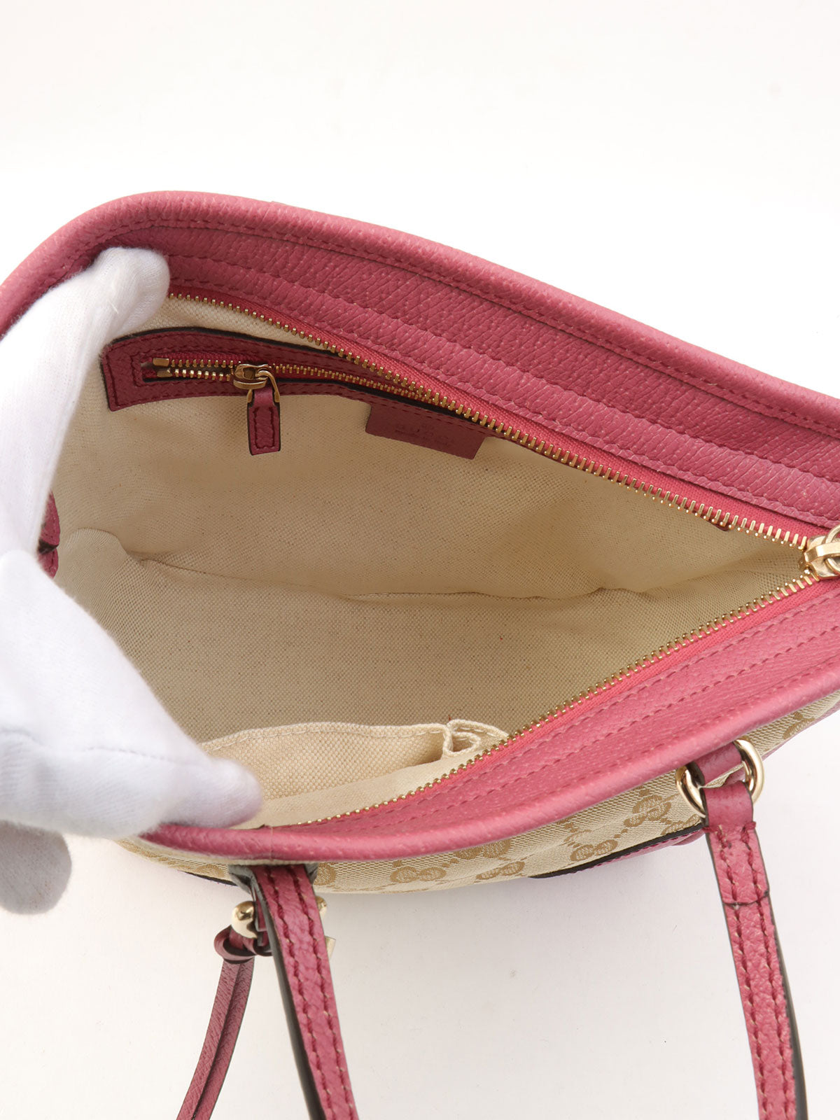 キャンバスGGパターンロゴチャームハンドバッグ ベージュ/ピンク