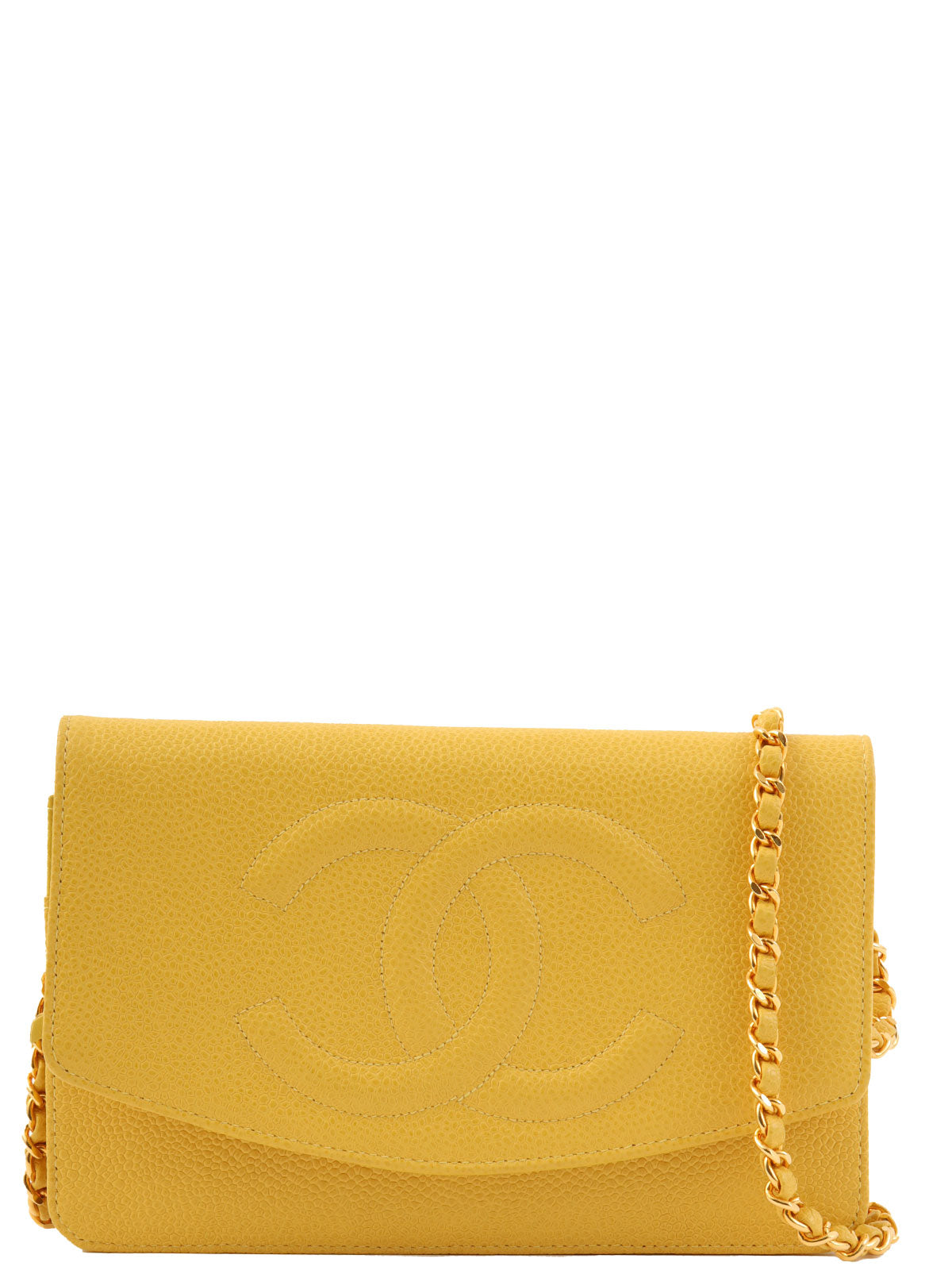 1998 Caviar Skin CC Mark Stitch Chain Wallet, Yellow