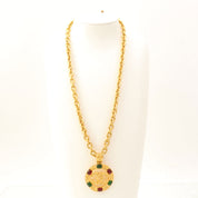 1994 Gripoix Design Cutout CC Mark Brooch in Gold/Green/Red