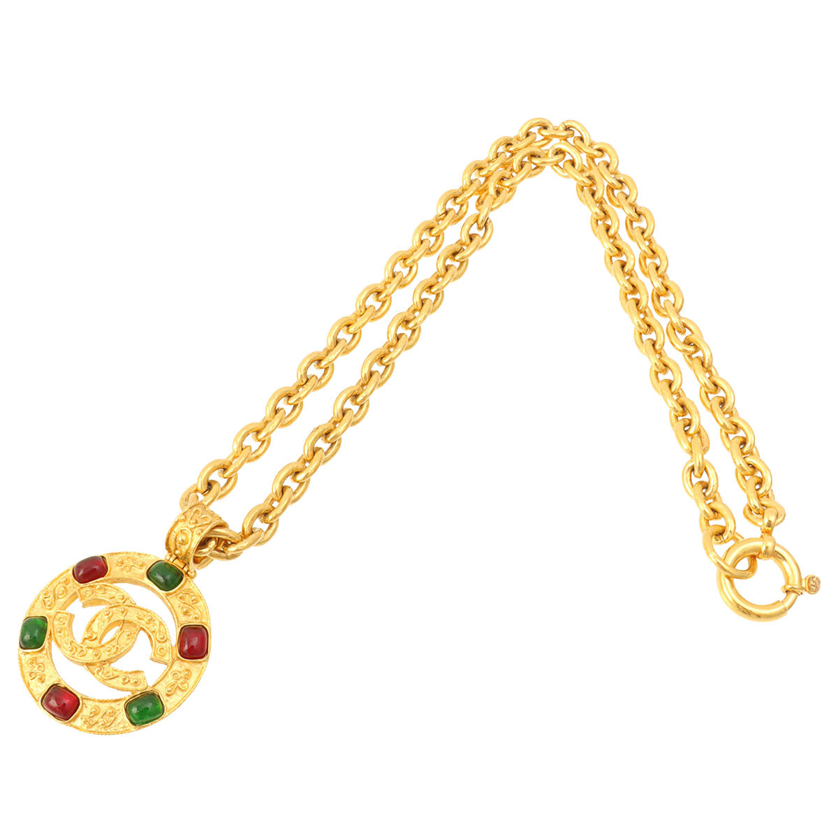 1994 Gripoix Design Cutout CC Mark Brooch in Gold/Green/Red