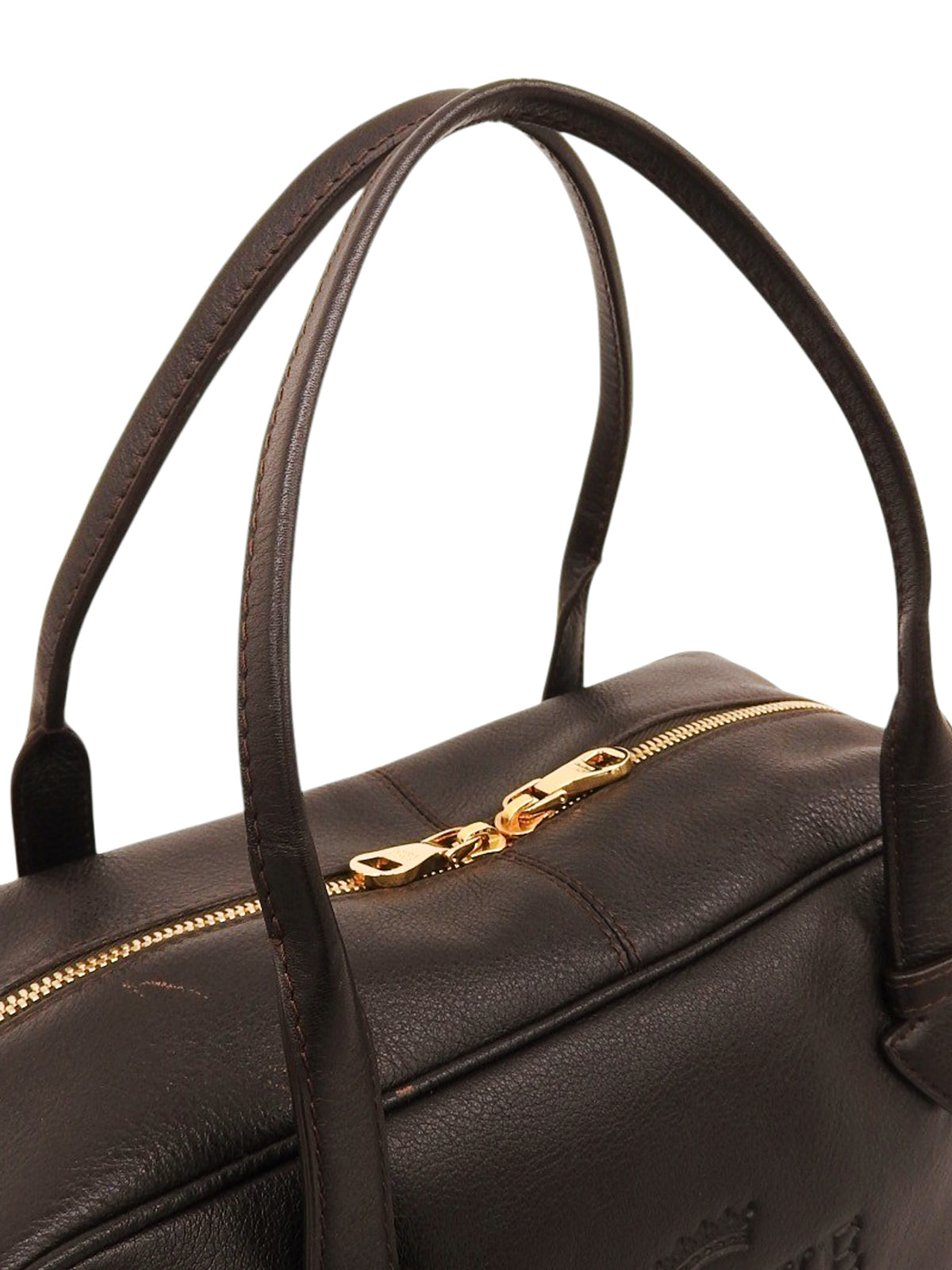 Logo embossed handbag in dark brown