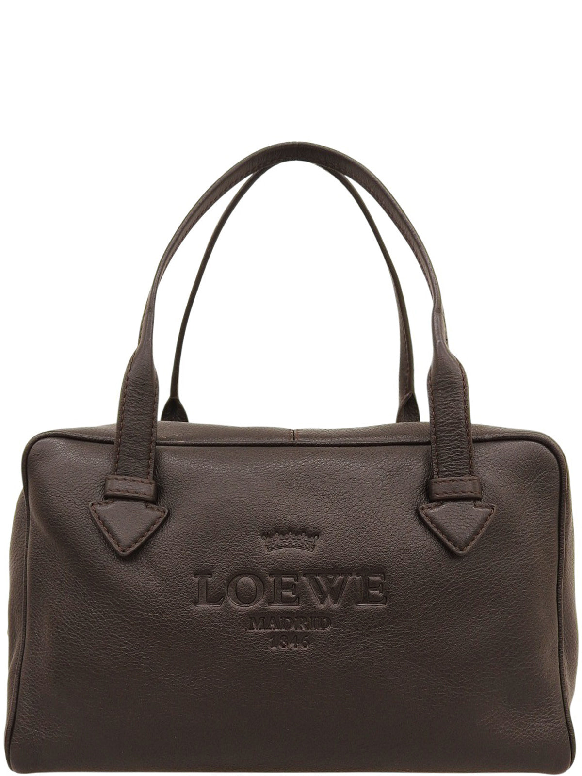 Logo embossed handbag in dark brown