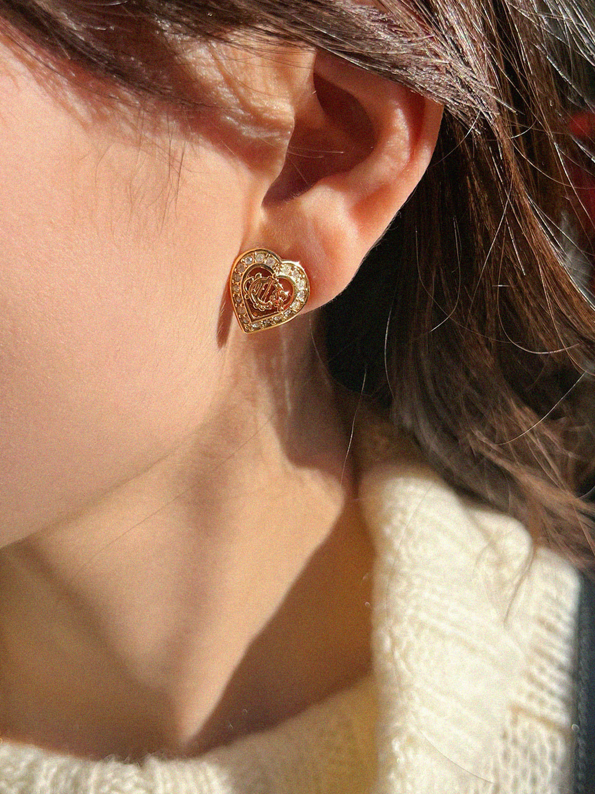 Rhinestone Heart Logo Emblem Earrings Gold