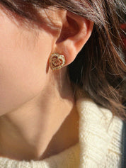 Rhinestone Heart Logo Emblem Earrings Gold