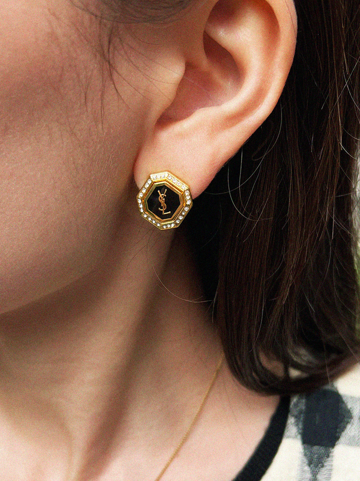 Octagon Rhinestone Logo Earrings in Gold/Black