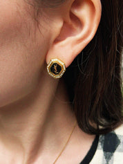 Octagon Rhinestone Logo Earrings in Gold/Black