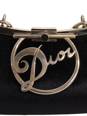 Navy Velour Clasp Chain Shoulder Bag