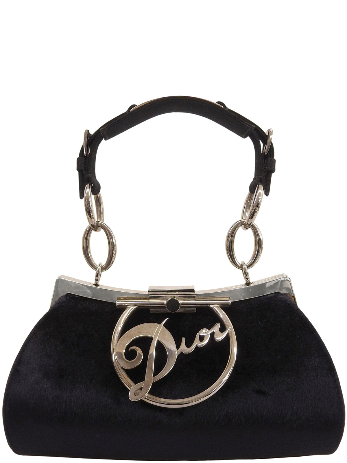 Navy Velour Clasp Chain Shoulder Bag
