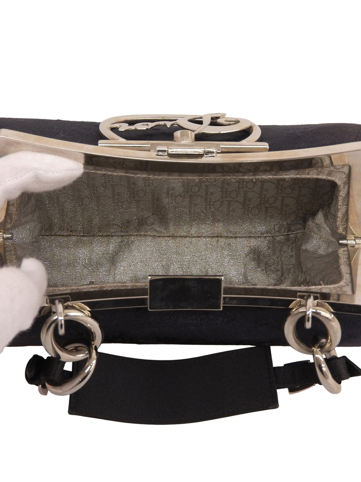 Navy Velour Clasp Chain Shoulder Bag