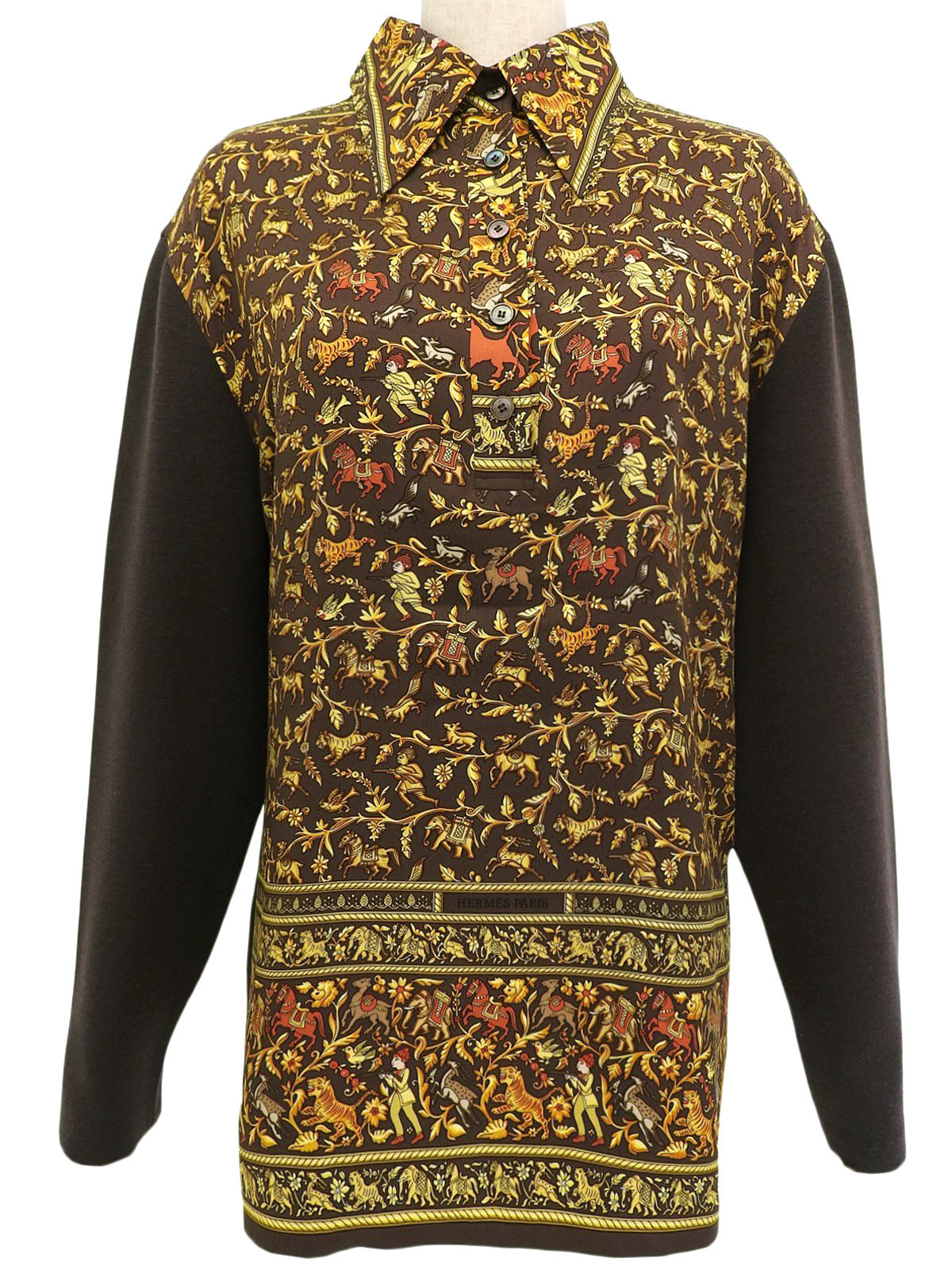 Multi-print Long Sleeve Knit Polo Shirt #XL Brown/Yellow