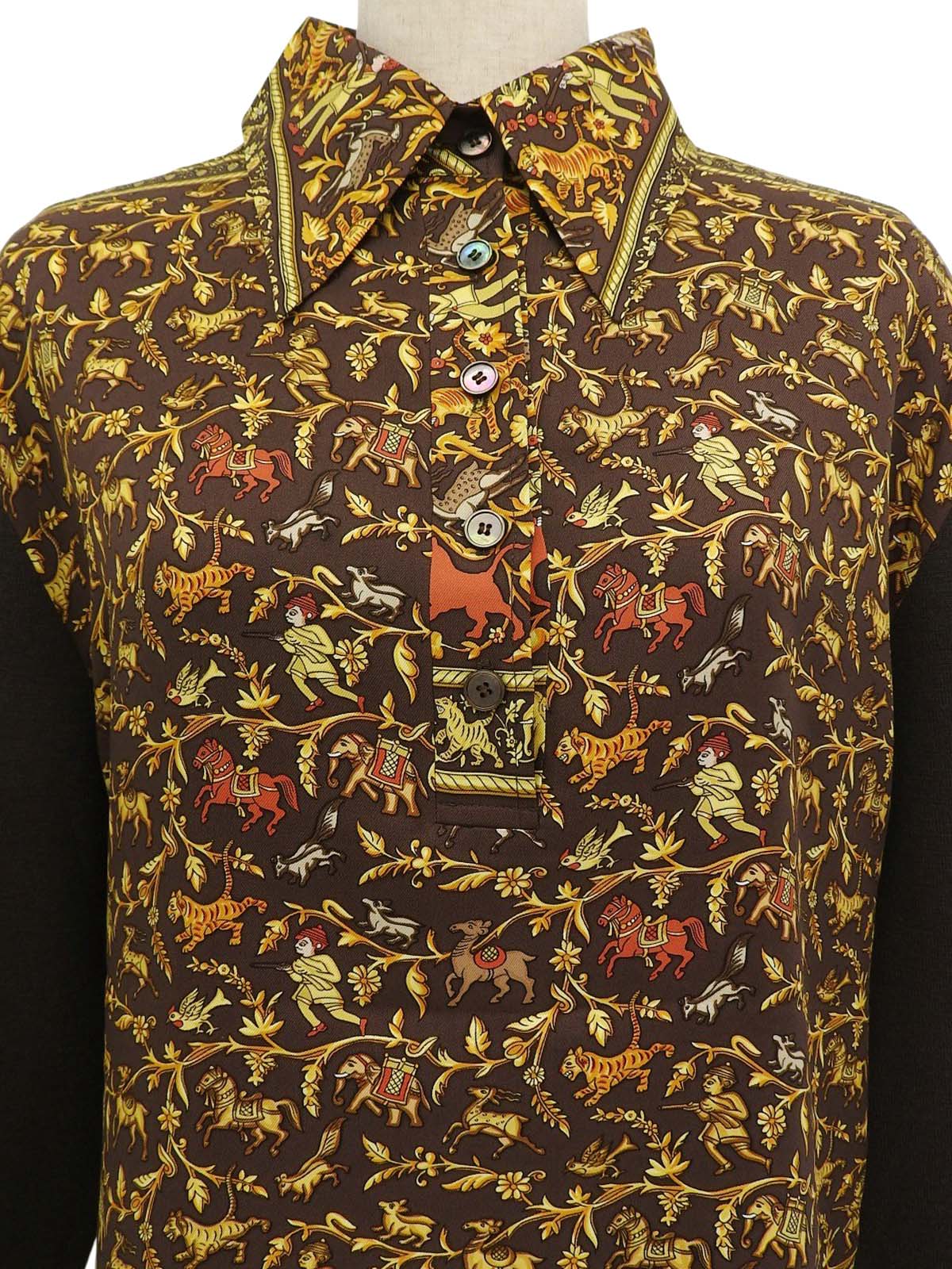 マルチプリント長袖ニットポロシャツ ブラウン/イエロー